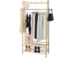 LifeStages® Kledingrek, kapstok met 4 haken, 2 schoenenrekken, kledingstang, wasrek, metaal, kledingrek, stabiel, goud, multifunctionele kledingstandaard voor slaapkamer, woonkamer, hal