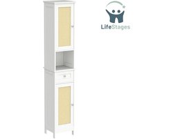 LifeStages - Kolomkast staand badkamer - Kolomkast staand badkamer Vrijstaand badkamermeubel - Kolomkast staand badkamer 1 Open vakken - Kolomkast staand badkamer 1 Lade en 2 Ploy Rotan deuren - 32 x 30 x 170CM