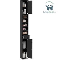 LifeStages - Kolomkast staand badkamer met 2 Deuren - Kolomkast staand badkamer met lade en verstelbare planken - Ruimtebesparend badkamerek - Zwart - 20 x 20 x 180 CM