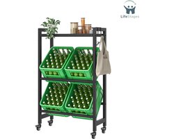 LifeStages - Krattenrek - Drankratjesrek voor 4 Kratten met Plank en Industriële Wielen en Verstelbare Poten - Versterkt Metaal - Bierkratrek incl. 2 Haken, Flesopener en Alle Gereedschappen - 75 x 32 x 112 cm - Zwart