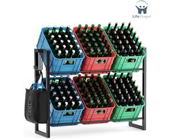 LifeStages - Krattenrek - Stabiel Drankrek met 4 Haken voor 6 Bakken - Metalen Krattenrek met Verstelbare Poten - Bierkratrek voor Ruimtebesparing voor Wijnkelders, Garages, Bijkeuken, en Kantoren - Zwart