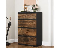 LifeStages® Ladekast met 4 laden, ladekast, kledingkast met 4 laden, ladekast slaapkamer, ladekast, ladekast, hal, 92 x 33 x 60 cm (zwart rustiek bruin)