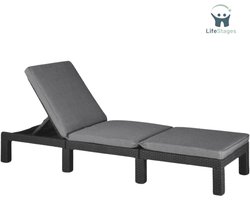 LifeStages - Ligbed Tuin - Voor Tuin - Terras En Balkon - Met Verstelbaar Hoofdeinde - Grijs - Incl - Kussen - Kunststof Tuinstoel - Vlakke Rotanlook