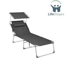 LifeStages - Ligbed Zwembad - Grote Ligstoel - Opvouwbare Ligstoel - Draagvermogen 150kg - met Zonwering en Verstelbare Rugleuning - voor Tuin, Zwembad, Terras - Donkergrijs