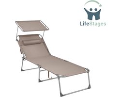 LifeStages - Ligbed Zwembad - Grote Ligstoel - Opvouwbare Ligstoel - Draagvermogen 150kg - met Zonwering en Verstelbare Rugleuning - voor Tuin, Zwembad, Terras - Taupe