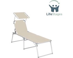 LifeStages - Ligbed Zwembad - Ligstoel met Dak - Ligstoel - Aluminium Tuinligstoel - Draagvermogen 150kg - Opvouwbaar en Verstelbare Rugleuning voor Tuin, Balkon, Patio - Beige