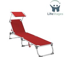 LifeStages - Ligbed Zwembad - Zonnebank - Opvouwbare Zonnebank - Maximale Belastbaarheid 150kg - met Zonwering - Verstelbare Rugleuning voor Terras, Zwembad, Tuin - Rood