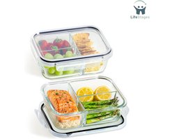 LifeStages - Meal Prep Bakjes Glas - Maaltijd Voorbereidings Containers 3 Compartiment - Set van 2 Glazen Maaltijd Voorbereidingsdozen 1L - Luchtdicht - BPA Vrij - Diepvries En Magnetron Veilig