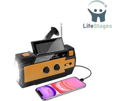 LifeStages - Opwindbare Radio - Draadloze Radio op Zonne-Energie - Draagbare Zwengelradio - Dynamo Radio met AM/FM - Geïntegreerde Oplaadbare Batterij van 4000 mAh - 4 Modi - LED Zaklamp - LED Leeslampje met Bewegingssensor - SOS Alarm voor Noodsitua