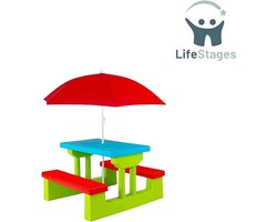 LifeStages - Picknicktafel Kinderen - Tuinmeubilair voor Kinderen - Buiten met Parasol - Zitgroep - Kinderzitgroep - Picknicktafel voor Kinderen vanaf 3 Jaar - Kinderzitgroep voor Buiten - Groen