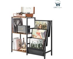 LifeStages - Platenspeler Meubel - Draaitafelstandaard Voor Vinyl Platen - Vinyl Platen Houder Kabinet Voor Woonkamer - Draaitafelstandaard Eindtafel - Met - 3 Etages Vinyl Platen Opbergtafel tot 200 Albums - Bruin - En -Zwart