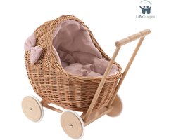 LifeStages - Rieten Poppenwagen - Wilgentenen Poppenwagen Met Linnen Beddengoed - Wilgentenen Speelgoed - Natuurlijk Kinderspeelgoed - Cadeau Voor Kinderen