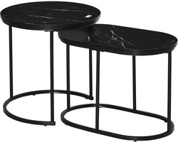LifeStages® Set van 2 salontafels ronde ovale bijzettafel salontafel stapelbaar voor woonkamer met kunstmarmeren zijkant tot 30 kg MDF staal zwart diameter 50 x 50,5 H cm