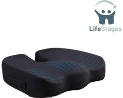 LifeStages - Stuitkussen - Zitkussen voor Bureaustoel - 100% Memory Foam Kussen - Stevige Coccyx Pad - Stuitbeen, Ischias, Pijn in de Onderrug - Premium Home Office Meubel Kussens