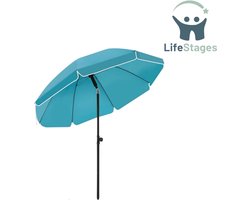 LifeStages - Terras Parasol voor Appartement - Parasol 175cm - Balkonscherm - Strandscherm - UV- Bestendig - Waterdicht - In Hoogte Verstelbaar - 45° Knikbaar - Zonwering voor Balkon, Terras, Strand, Tuin - Rond Blauw