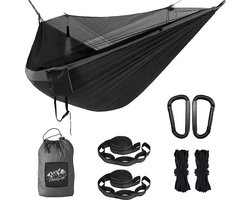 LifeStages® Ultralichte outdoor-campinghangmat met klamboe | 200kg draagvermogen | Compacte afmetingen (260 x 140 cm) | Sneldrogend, ademend materiaal (zwart),