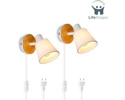 LifeStages - Wandlamp Binnen Met Snoer - Set Van 2 E14 Wandlampen Binnen - Witte Ronde Wandlamp Met Schakelaar En Stekker - Houten Wandspot - Vintage - Verstelbare Stoffen Wandlampen Voor Woonkamer, Slaapkamer - Zonder Gloeilamp