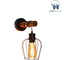 LifeStages - Wandlamp Binnen Met Snoer - Wandlamp Binnen - Hout Vintage Retro Met Schakelaar - Industrieel Ontwerp - E27 - Wandspot Zwart Met 1 Vlam - Metalen Wandspot Voor Slaapkamer, Woonkamer, Hal, Café - Zonder Lamp