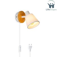LifeStages - Wandlamp Binnen Met Snoer - Wandlamp Binnen - Witte Ronde Wandlamp Met Schakelaar En Stekker - Houten Wandspot - Vintage Retro - Verstelbare Stoffen Wandlampen Voor Woonkamer, Slaapkamer - Lamp Niet Inbegrepen
