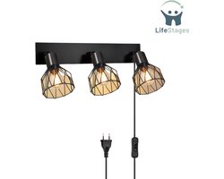 LifeStages - Wandlamp Binnen Met Snoer - Wandlamp Met Schakelaar En Stekker - 3 Lampen - Wandlamp Met Schakelaar - Zwarte Wandlamp Met Stekker - Draaibare Plafondlamp Met Stekker - E14 - Wandlamp Met Kabel - Wandspot Zonder Lamp