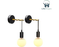 LifeStages - Wandlamp Binnen Met Snoer - Wandlamp Voor Binnen - Wandlamp - Zwart - Wandlampen E27 Retro - Nachtlamp Slaapkamer - Set Van 2 - Exclusief Gloeilamp