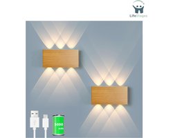LifeStages - Wandlamp Oplaadbaar - Wandlamp Met Aanraakschakelaar - Drie Kleuren - Continue Dimmer LED - Draadloos - Magnetische Installatie Interieurdecoratie - Nachtkastje - 2 Stuks - Hout