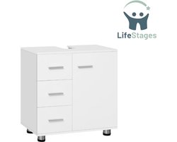 LifeStages - Wastafel Onderkast Met Uitsparing - Badkameronderkast - Wastafel - Badkameronderkast met 3 Laden en Een Kast met 2 Niveaus - Wastafelonderkast voor Badkamer - Technisch Hout