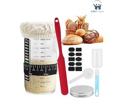 LifeStages - Zuurdesem Starter Set - 730ML Glazen Zuurdesem Starter Pot Voor Zuurdesem Brood Bakken - Glazen Zuurdesem Pot Met Thermometer - Schraper - Datum Gemarkeerd Voedselplakband - Voor Thuis Bakken
