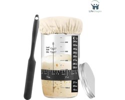 LifeStages - Zuurdesem Starter Set - Zuurdesem Starter Glas - 680 ml - Glazen Zuurdesem Starter Set met Datum Voerband - Thermometer - Deksel Siliconen Spatel - Herbruikbare Zuurdesem en Brood Bak Accessoires