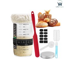 LifeStages - Zuurdesem Starter Set - Zuurdesem Starter Kit - 730ML Glazen Zuurdesem Starter Pot Voor Zuurdesem Brood Bakken - Glazen Pot Voor Zuurdesem Met Thermometer - Schraper - Datum Gemarkeerde Voedsel Riem - Voor Thuis Bakken