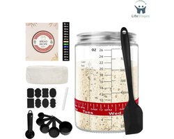 LifeStages - Zuurdesem Starter Set - Zuurdesem Starter Set - 770ml Zuurdesem pot met Recepten en Instructies - Thermometer - Voedingsdatum Band - Silicone Schraper - Stoffen Deksel - Metalen Deksel - Maatlepels - Etiketten en Pen