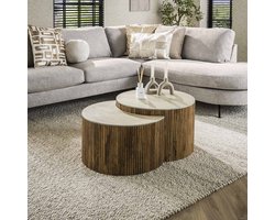 LifestyleFurn Halfronde Salontafel Beckie - Mangohout en Keramiek in Travertin-look - Set van 2 stuks