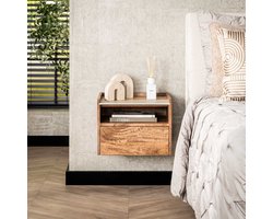 LifestyleFurn Hangend Nachtkastje Beckie - Mangohout en travertinlook - Met open vak en 1 lade