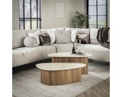LifestyleFurn Organische Salontafel Laycie Keramiek in Travertin-look, Set van 2 stuks - Bruin - Japandi