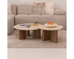 LifestyleFurn Ronde Salontafel Laycie - Keramiek in Travertin-look - Set van 2 stuks