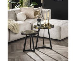 LifestyleFurn Salontafel Kaeo Teakhout, Set van 2 stuks - Zwart/Goud - Rond
