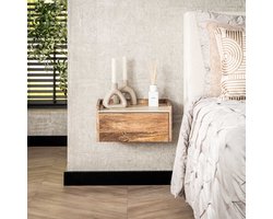 LifestyleFurn Zwevend Nachtkastje Beckie Mangohout en travertinlook, Met 1 lade - Massief mango zandkleur