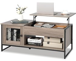 Lift Top Salontafel, Industriële Centrumtafel met Pneumatische Lifting, Multifunctionele Accenttafel met Gesloten Compartiment & 2-deurs Kast voor Woonkamer, 106 x 55 x 44,5 cm, Grijs