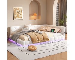 Ligbed - 140*200cm - slaapbank - zonder matras - 16 kleuren omgevingslicht - USB-poort - Type-C - imitatiefleece - wit