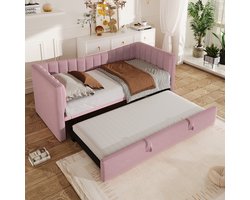 Ligbed - 90 x 200 cm (180 x 200 cm) Gestoffeerd bed met uitschuifbaar bed - Slaapbank - zonder matras Fluweel - Roze