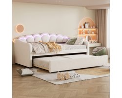 Ligbed - 90x200cm dagbed met uitschuifbaar bed - slaapbank- eenpersoonsbed - zonder Matras - fluweel - van kleur veranderend sfeerlicht - beige