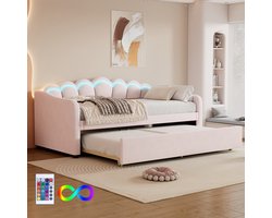 Ligbed - 90x200cm dagbed met uitschuifbaar bed - slaapbank - eenpersoonsbed - zonder Matras - fluweel - van kleur veranderend sfeerlicht- roze