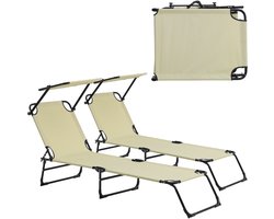 Ligbed ligstoel 187x53x27 cm met luifel set van 2 crème