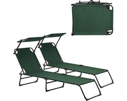 Ligbed ligstoel 187x53x27 cm met luifel set van 2 donkergroen
