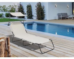 Ligbed ligstoel inklapbaar "Lazy" - Met zonnescherm luifel - Beige - lichtbruin