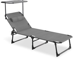 Ligbed met Zonnedak - Opvouwbaar Strandstoel - Verstelbare Rugleuning 4 Standen - Extra Breed zonnebed met Hoofdkussen - Camping / Tuin / Strand - 600D Oxford - Zwart-grijze strepen