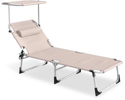Ligbed met Zonnedak - Opvouwbaar Strandstoel - Verstelbare Rugleuning 4 Standen - Extra Breed zonnebed met Hoofdkussen - Camping / Tuin / Strand - 600D Oxford - Kaki