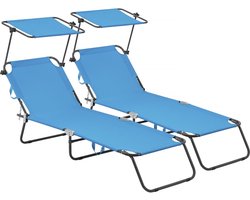 Ligbed set 2 ligstoelen inklapbaar "Lazy" - Met zonnescherm luifel - Blauw