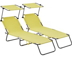 Ligbed set 2 ligstoelen inklapbaar "Lazy" - Met zonnescherm luifel - Geel