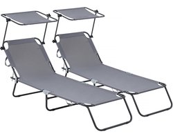 Ligbed set 2 ligstoelen inklapbaar "Lazy" - Met zonnescherm luifel - Grijs